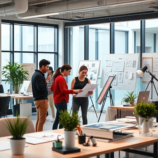 Een sfeerbeeld van creatieve professionals die samenwerken aan een design project in een modern kantoor.