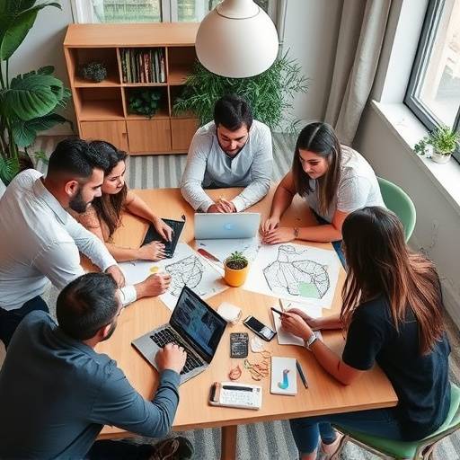 Een team van diverse professionals die samenwerken rond een tafel met laptops en schetsen, symboliserend teamwork en creativiteit bij Lumina Creatives.