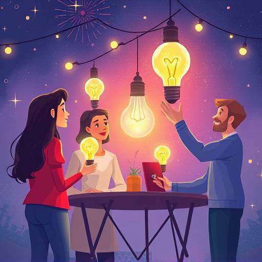 Illustratie van een team van creatieve professionals die samenwerken aan een digitaal project, met gloeiende idee&Atilde;&laquo;nbollen boven hun hoofden.